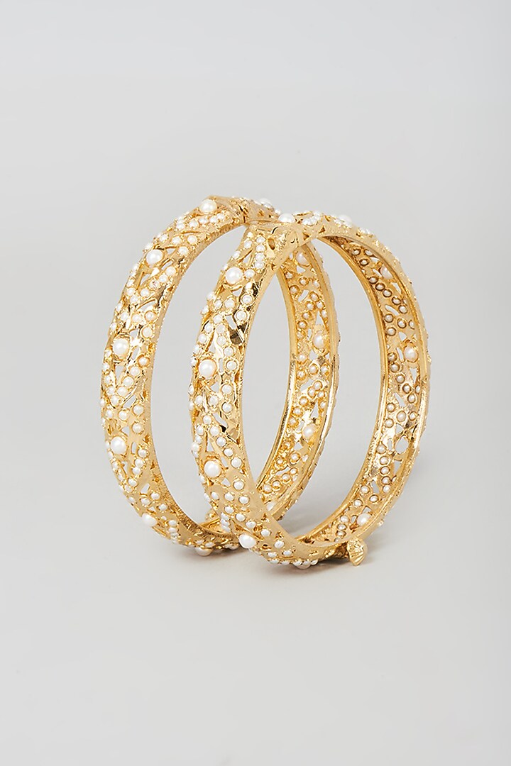 Gold Finish Pearl Bangles (Set of 2) by VASTRAA Jewellery at Pernia's Pop Up Shop