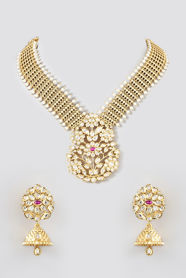 Gold Finish Kundan Polki & Pearl Temple Necklace Set by VASTRAA Jewellery at Pernia's Pop Up Shop