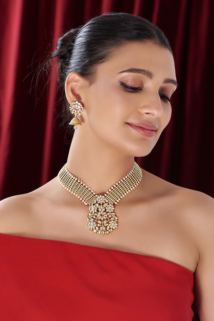 Gold Finish Kundan Polki & Pearl Temple Necklace Set by VASTRAA Jewellery at Pernia's Pop Up Shop