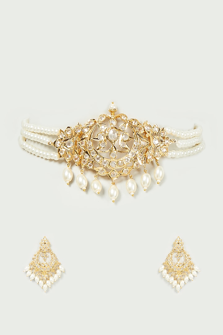 Gold Finish Kundan Polki & Pearl Choker Necklace Set by VASTRAA Jewellery at Pernia's Pop Up Shop