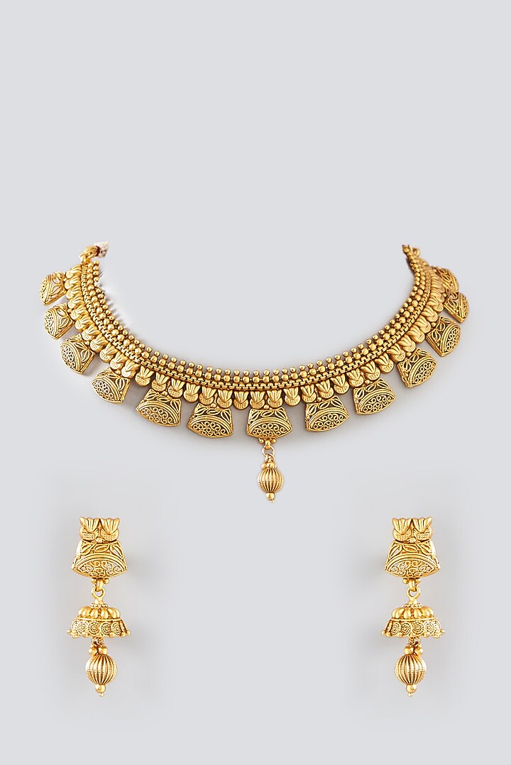 Gold Finish Kundan Polki Temple Choker Necklace Set by VASTRAA Jewellery at Pernia's Pop Up Shop