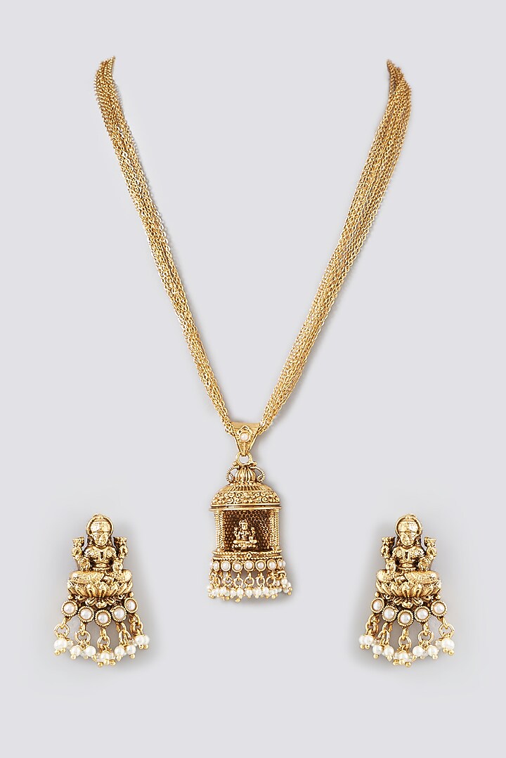 Gold Finish Kundan Polki Temple Long Necklace Set by VASTRAA Jewellery at Pernia's Pop Up Shop
