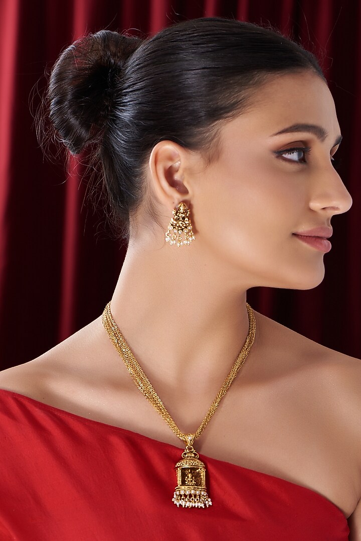 Gold Finish Kundan Polki Temple Long Necklace Set by VASTRAA Jewellery at Pernia's Pop Up Shop