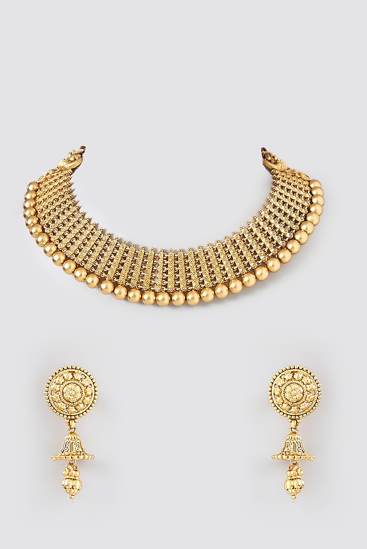 Gold Finish Kundan Polki Temple Choker Necklace Set by VASTRAA Jewellery at Pernia's Pop Up Shop