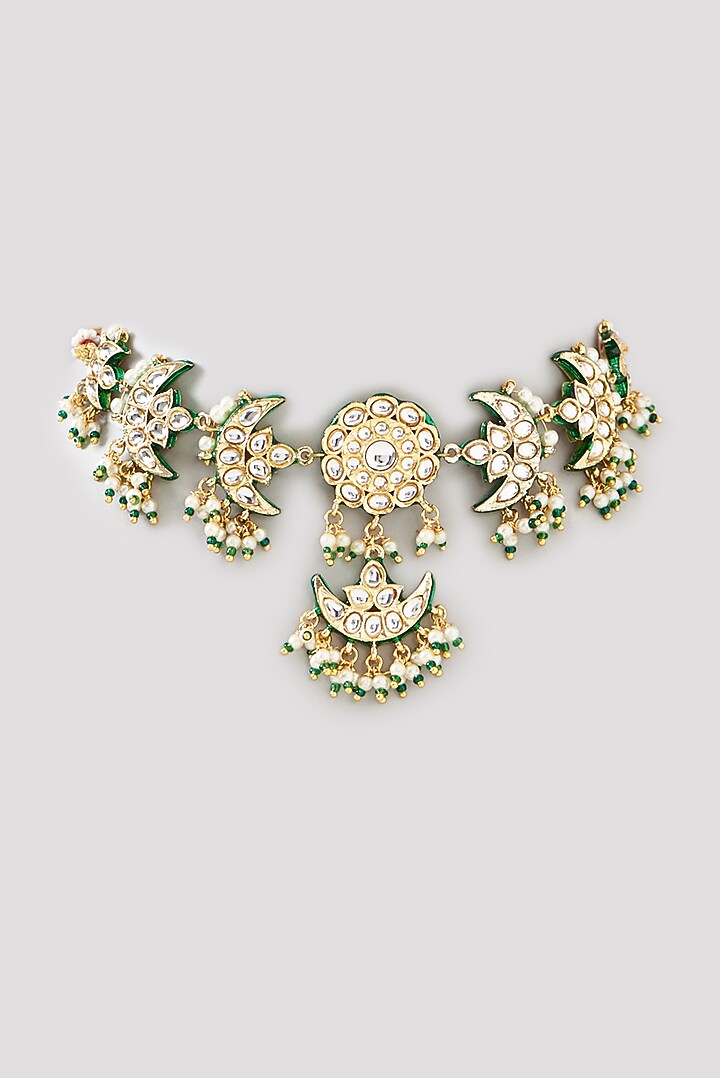 Gold Finish Kundan Polki & Green Beaded Choker Necklace Set by VASTRAA Jewellery at Pernia's Pop Up Shop