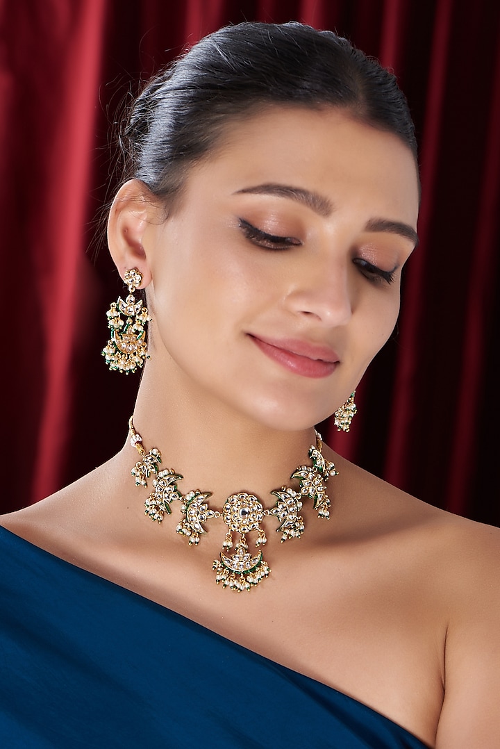 Gold Finish Kundan Polki & Green Beaded Choker Necklace Set by VASTRAA Jewellery