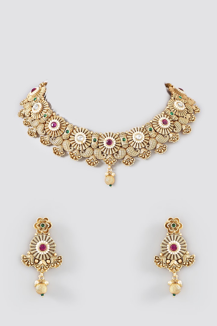 Gold Finish Kundan Polki Choker Necklace Set by VASTRAA Jewellery at Pernia's Pop Up Shop