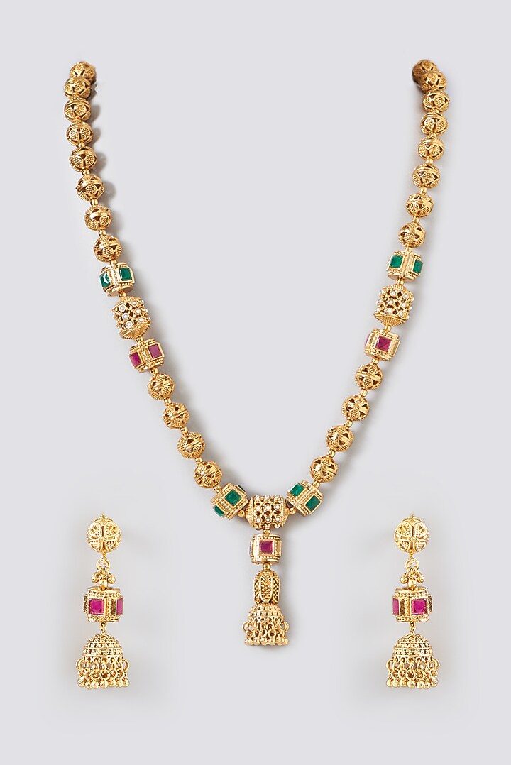 Gold Finish Kundan Polki & Beaded Temple Long Necklace Set by VASTRAA Jewellery at Pernia's Pop Up Shop