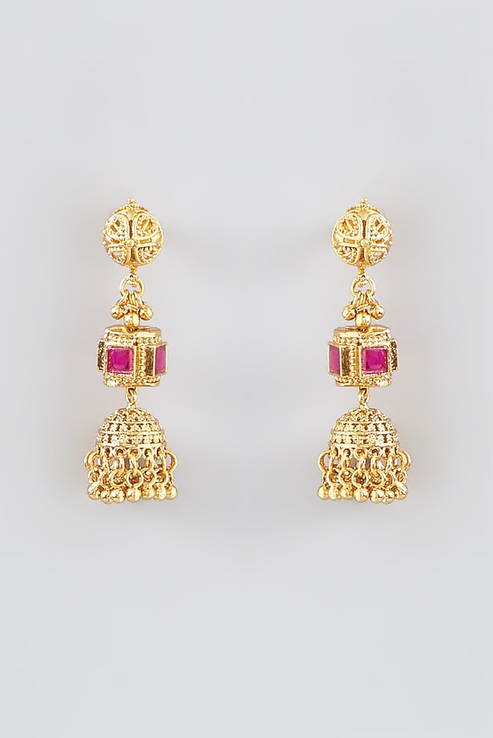 Gold Finish Kundan Polki & Beaded Temple Long Necklace Set by VASTRAA Jewellery at Pernia's Pop Up Shop