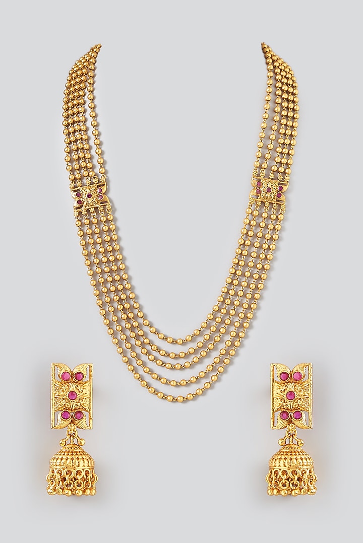 Gold Finish Kundan Polki Temple Long Necklace Set by VASTRAA Jewellery at Pernia's Pop Up Shop