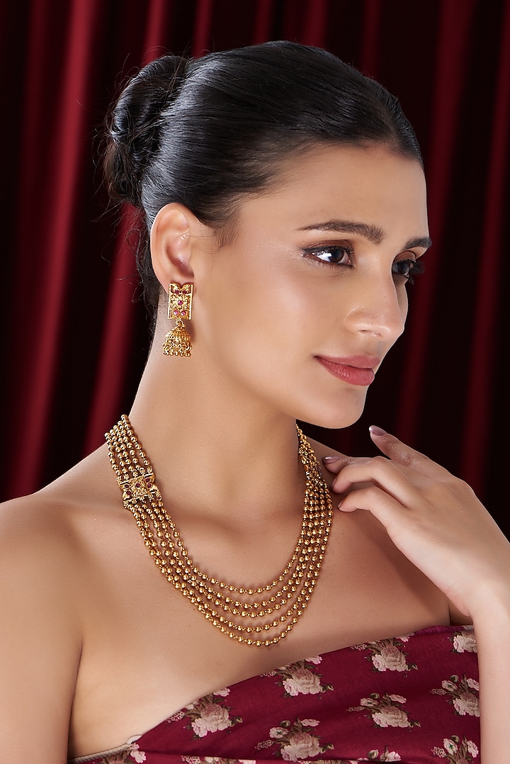 Gold Finish Kundan Polki Temple Long Necklace Set by VASTRAA Jewellery