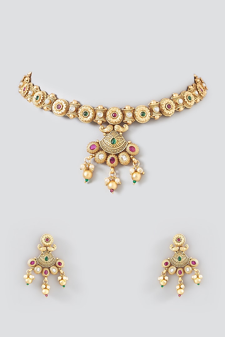 Gold Finish Kundan Polki Temple Necklace Set by VASTRAA Jewellery at Pernia's Pop Up Shop