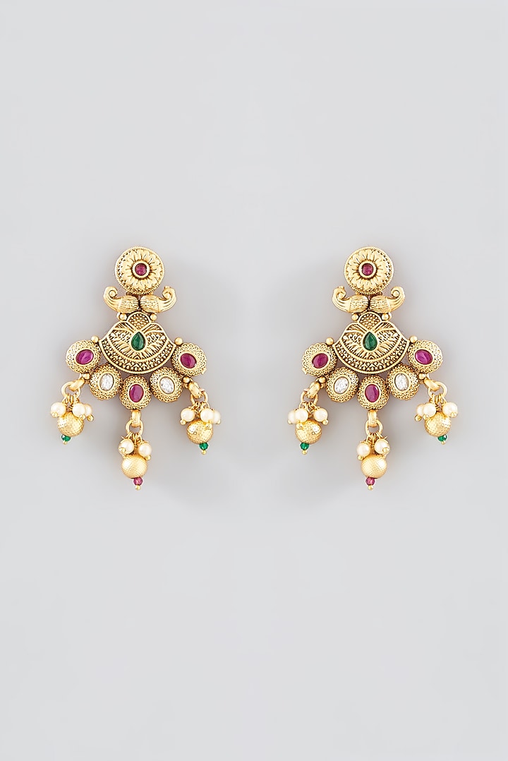 Gold Finish Kundan Polki Temple Necklace Set by VASTRAA Jewellery at Pernia's Pop Up Shop