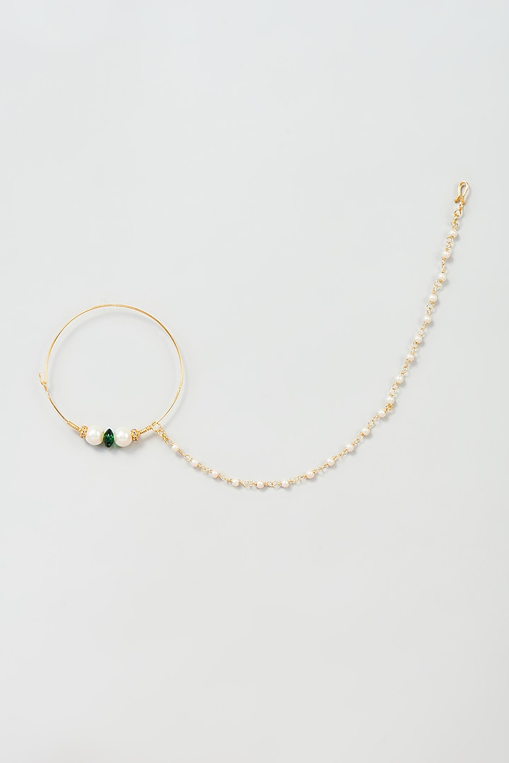 Gold Finish Pearl & Green Beaded Nath by VASTRAA Jewellery at Pernia's Pop Up Shop