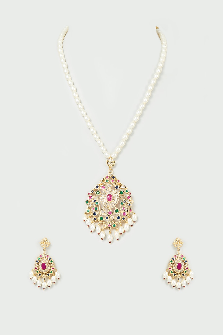Gold Finish Multi-Colored Stone Long Necklace Set by VASTRAA Jewellery at Pernia's Pop Up Shop