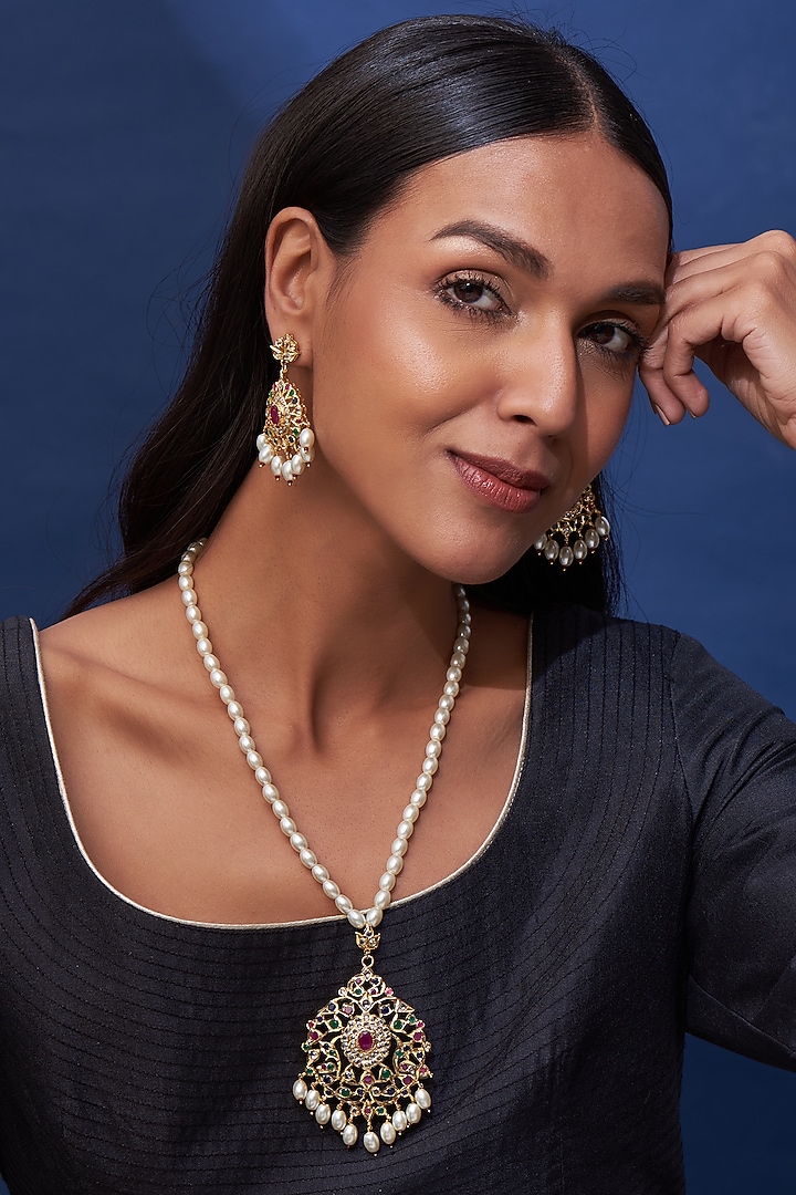 Gold Finish Multi-Colored Stone Long Necklace Set by VASTRAA Jewellery at Pernia's Pop Up Shop