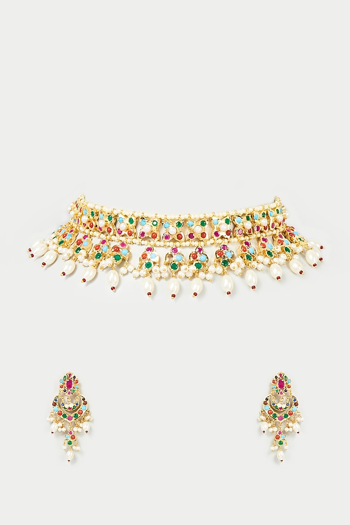 Gold Finish Multi-Colored Bead Choker Necklace Set by VASTRAA Jewellery at Pernia's Pop Up Shop