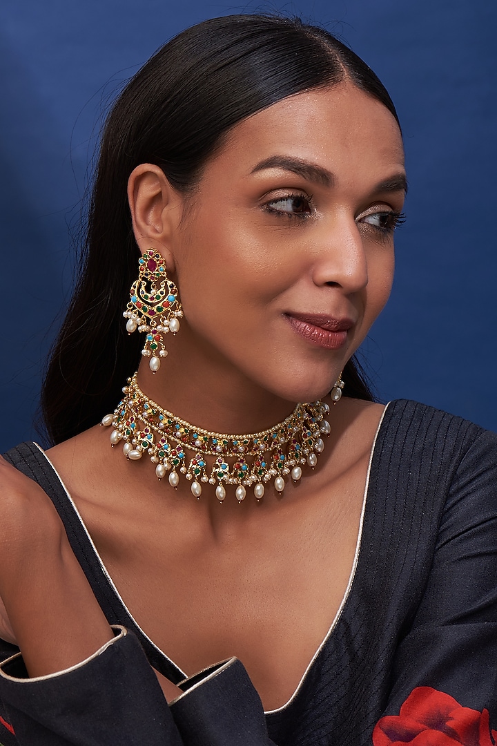Gold Finish Multi-Colored Bead Choker Necklace Set by VASTRAA Jewellery at Pernia's Pop Up Shop