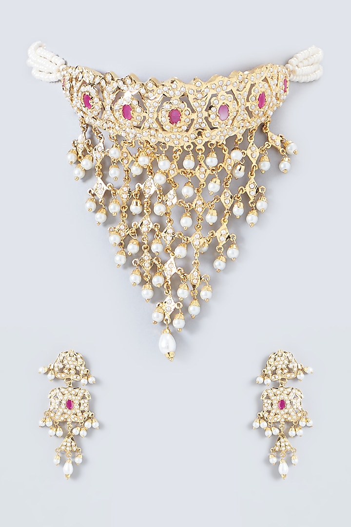 Gold Finish Ruby & Kundan Polki Choker Necklace Set by VASTRAA Jewellery at Pernia's Pop Up Shop