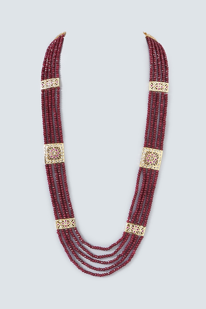 Gold Finish Kundan Polki & Ruby Beaded Mala by VASTRAA Jewellery at Pernia's Pop Up Shop