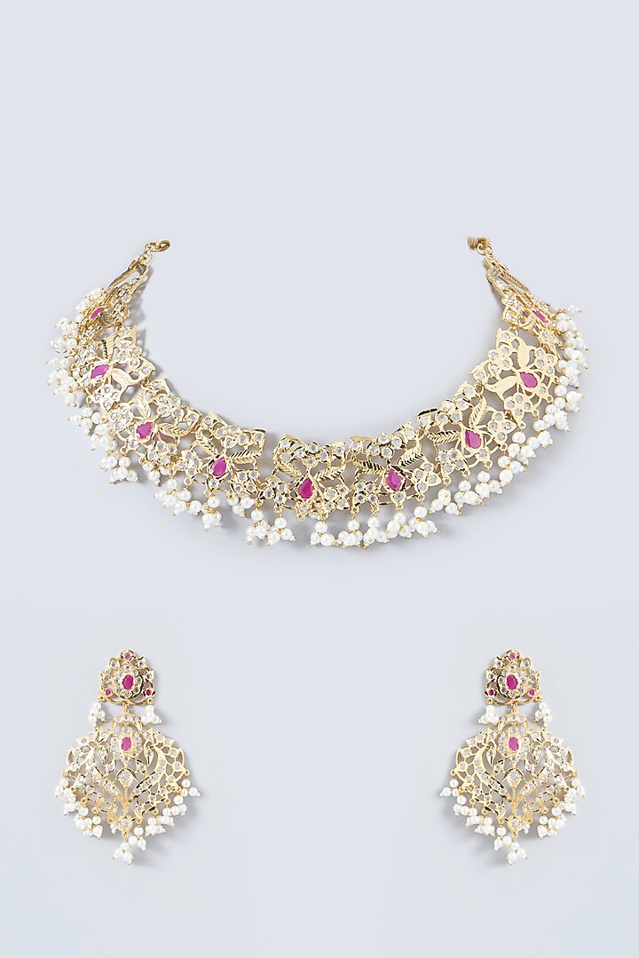 Gold Finish Kundan Polki Necklace Set by VASTRAA Jewellery at Pernia's Pop Up Shop