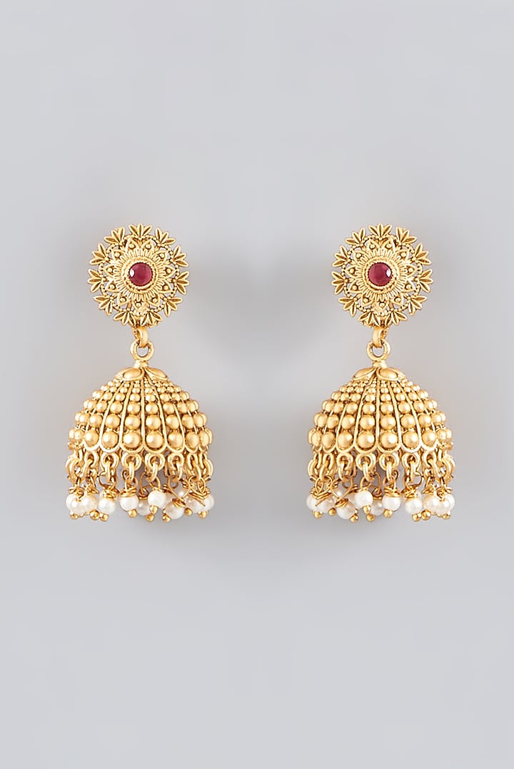 Gold Finish Kundan Polki & Pearl Jhumka Earrings by VASTRAA Jewellery at Pernia's Pop Up Shop