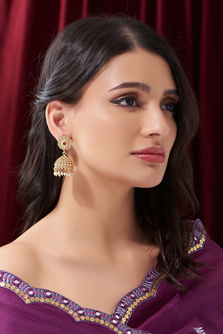Gold Finish Kundan Polki & Pearl Jhumka Earrings by VASTRAA Jewellery