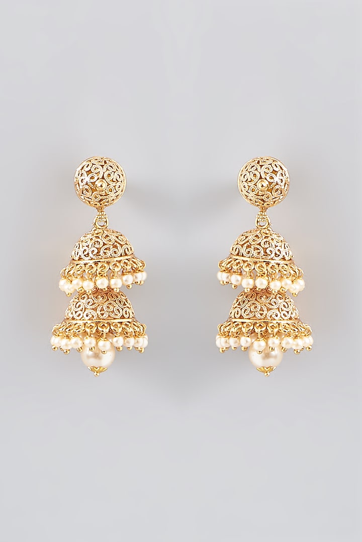 Gold Finish Kundan Polki & Pearl Jhumka Earrings by VASTRAA Jewellery at Pernia's Pop Up Shop