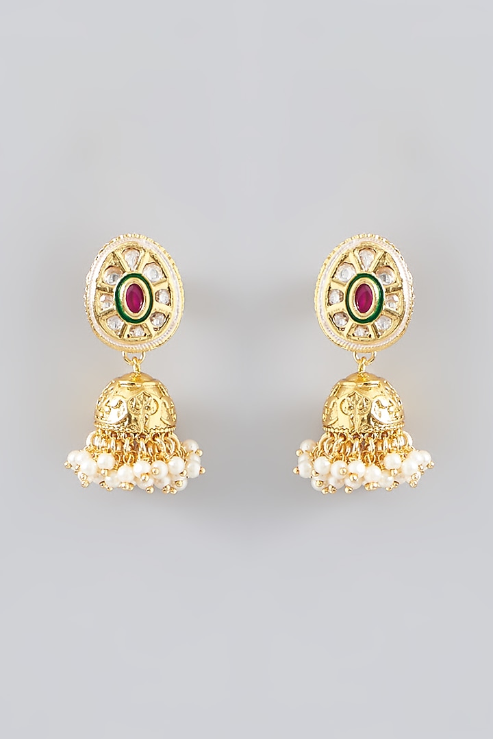 Gold Finish Kundan Polki & Pearl Jhumka Earrings by VASTRAA Jewellery at Pernia's Pop Up Shop