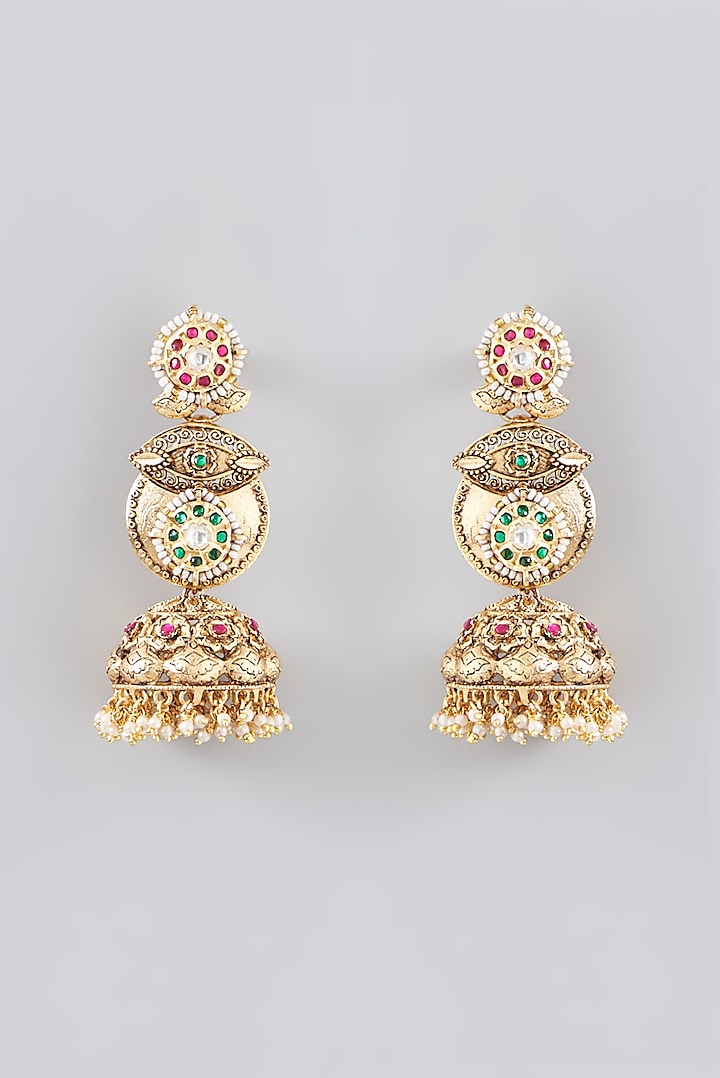 Gold Finish Kundan Polki & Pearl Jhumka Earrings by VASTRAA Jewellery
