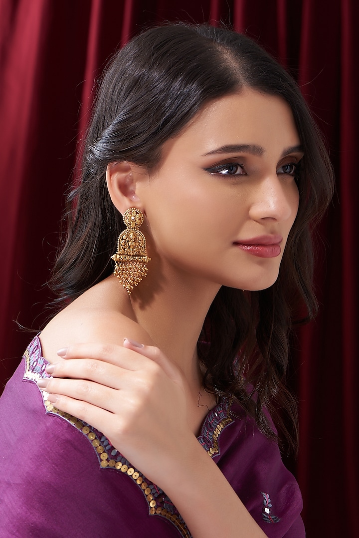 Gold Finish Kundan Polki Temple Dangler Earrings by VASTRAA Jewellery at Pernia's Pop Up Shop