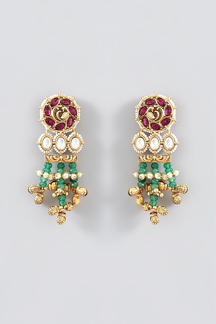 Gold Finish Kundan Polki & Pearl Dangler Earrings by VASTRAA Jewellery at Pernia's Pop Up Shop