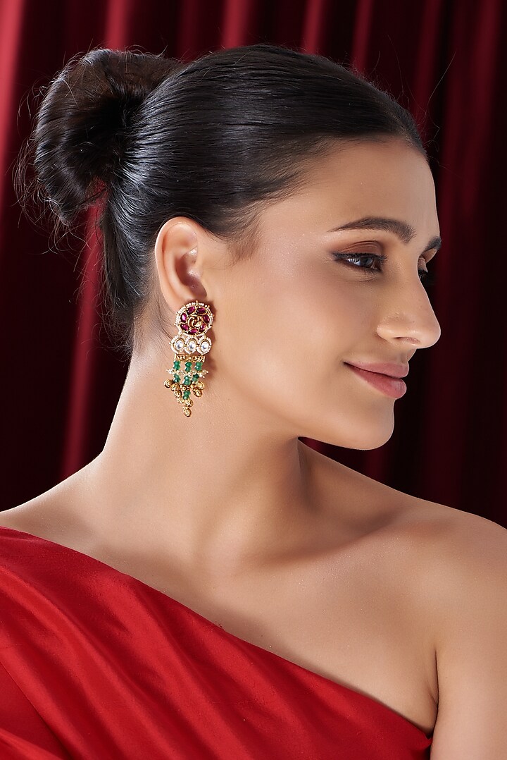 Gold Finish Kundan Polki & Pearl Dangler Earrings by VASTRAA Jewellery