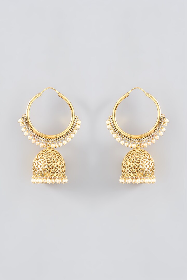 Gold Finish Kundan Polki Jhumka Earrings by VASTRAA Jewellery at Pernia's Pop Up Shop