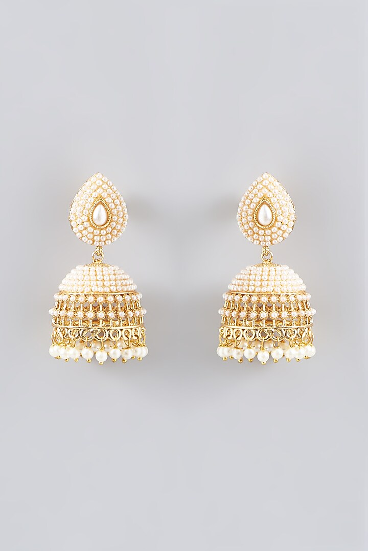 Gold Finish Kundan Polki & Pearl Jhumka Earrings by VASTRAA Jewellery at Pernia's Pop Up Shop
