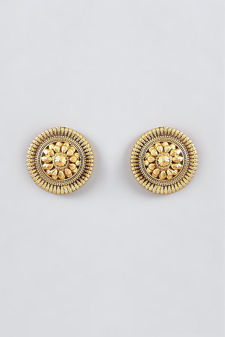 Gold Finish Kundan Polki Temple Stud Earrings by VASTRAA Jewellery at Pernia's Pop Up Shop