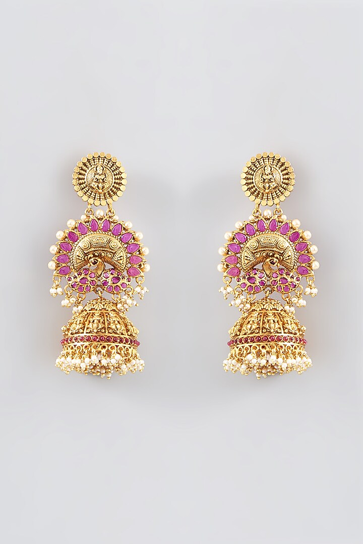 Gold Finish Kundan Polki & Red Stone Temple Jhumka Earrings by VASTRAA Jewellery at Pernia's Pop Up Shop