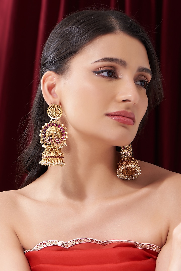 Gold Finish Kundan Polki & Red Stone Temple Jhumka Earrings by VASTRAA Jewellery