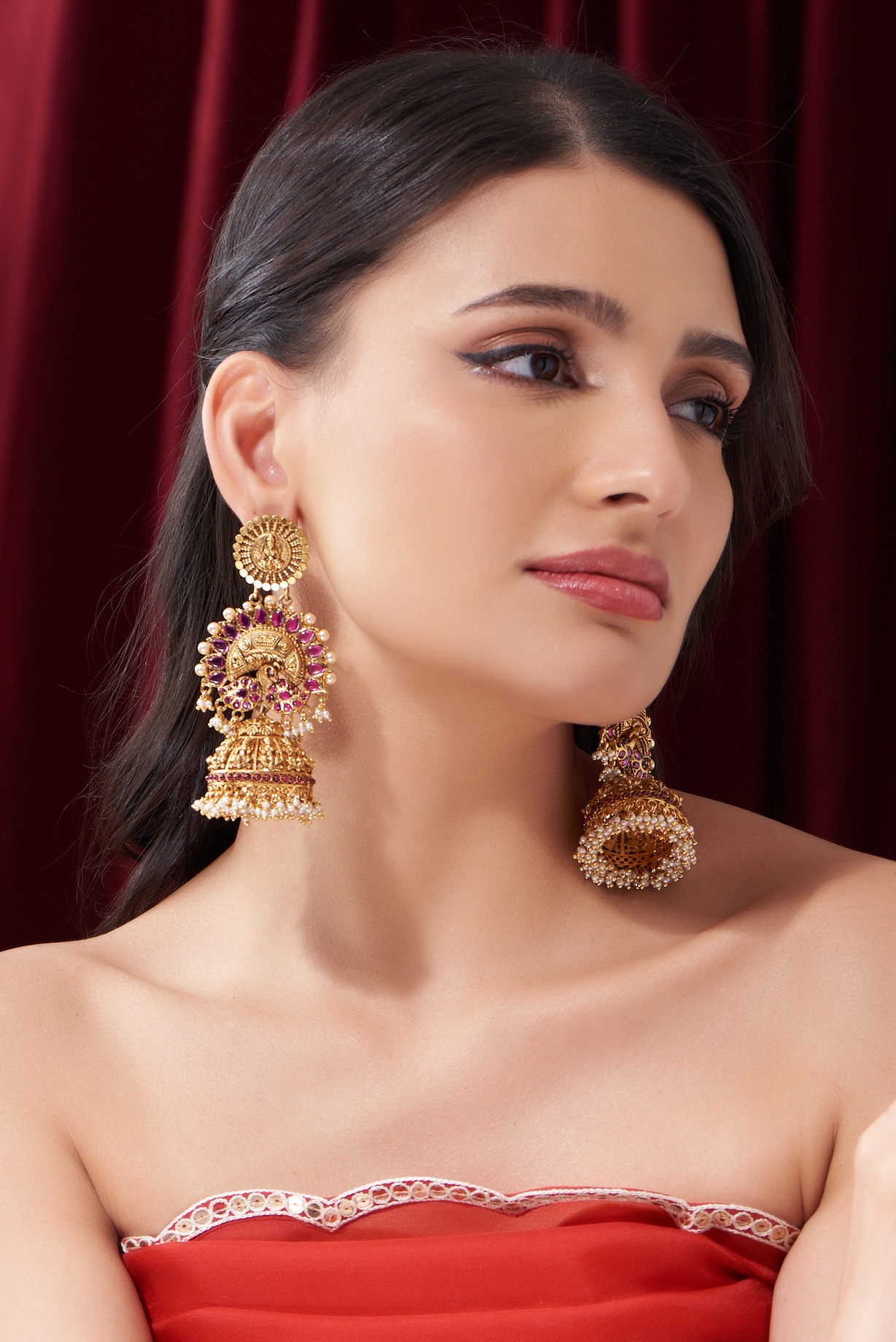 Gold Finish Kundan Polki Red Stone Temple Jhumka Earrings by