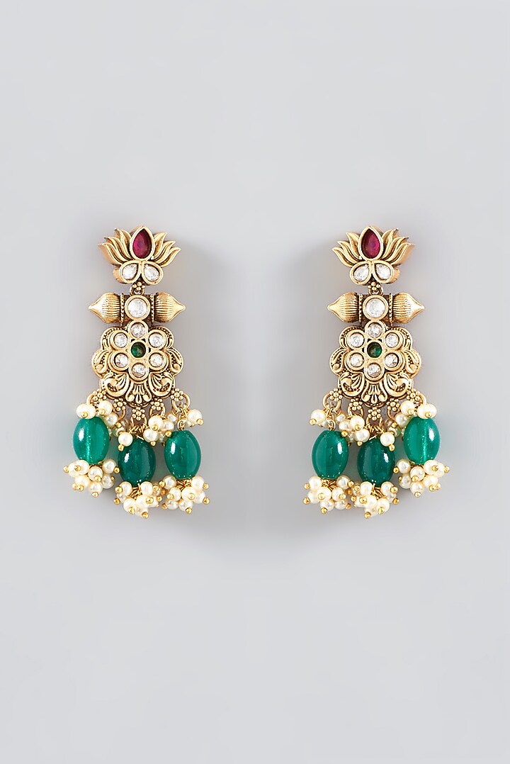 Gold Finish Kundan Polki & Pearl Dangler Earrings by VASTRAA Jewellery at Pernia's Pop Up Shop