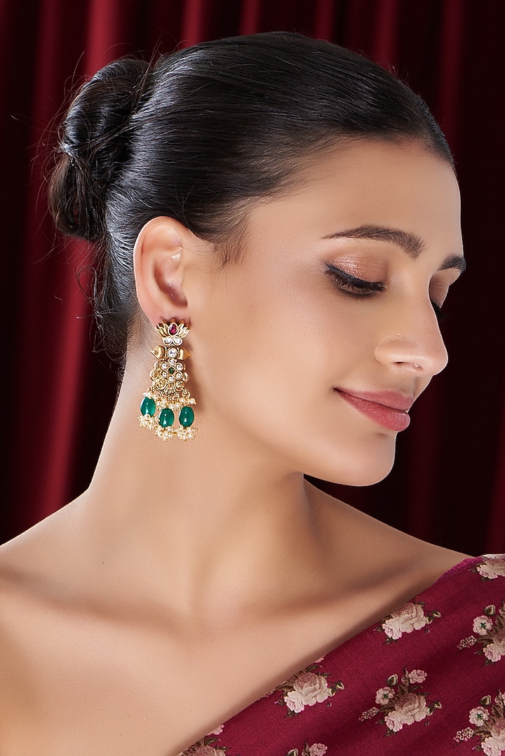 Gold Finish Kundan Polki & Pearl Dangler Earrings by VASTRAA Jewellery at Pernia's Pop Up Shop