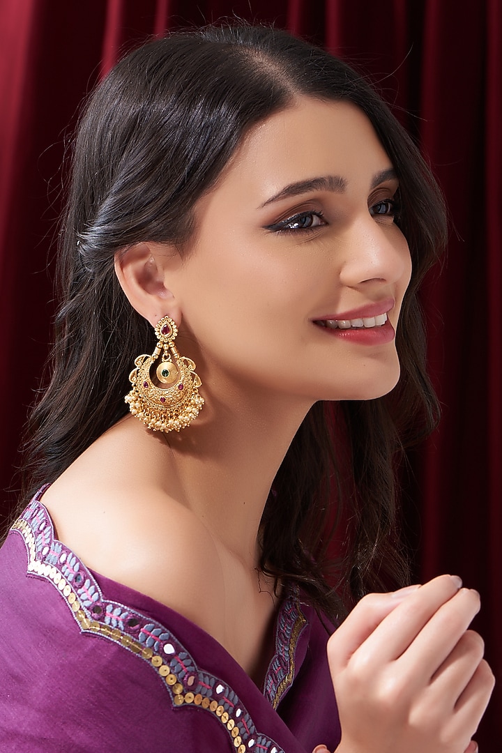 Gold Finish Kundan Polki & Stone Dangler Earrings by VASTRAA Jewellery at Pernia's Pop Up Shop