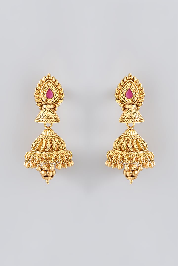 Gold Finish Kundan Polki & Red Stone Jhumka Earrings by VASTRAA Jewellery at Pernia's Pop Up Shop