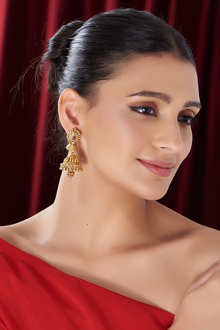 Gold Finish Kundan Polki & Red Stone Jhumka Earrings by VASTRAA Jewellery at Pernia's Pop Up Shop