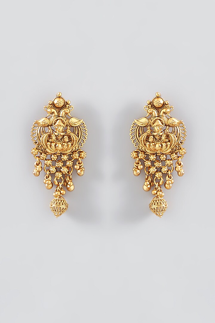 Gold Finish Kundan Polki Temple Dangler Earrings by VASTRAA Jewellery at Pernia's Pop Up Shop