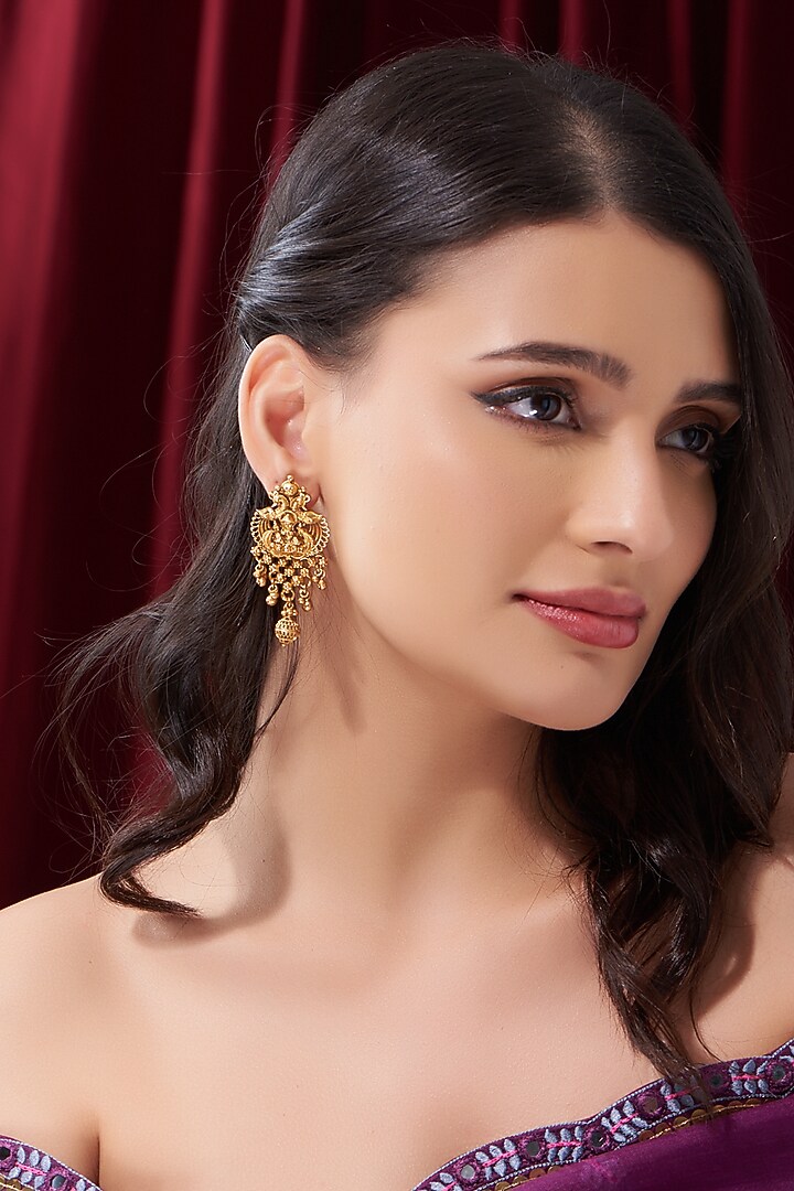 Gold Finish Kundan Polki Temple Dangler Earrings by VASTRAA Jewellery at Pernia's Pop Up Shop