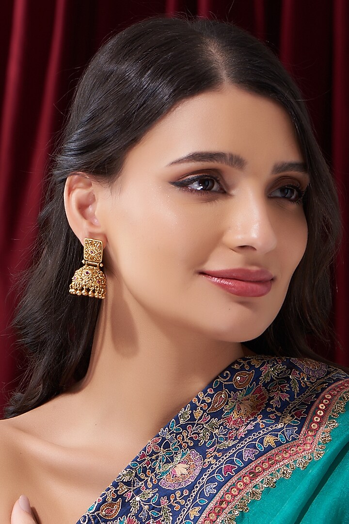 Gold Finish Kundan Polki Temple Dangler Earrings by VASTRAA Jewellery at Pernia's Pop Up Shop