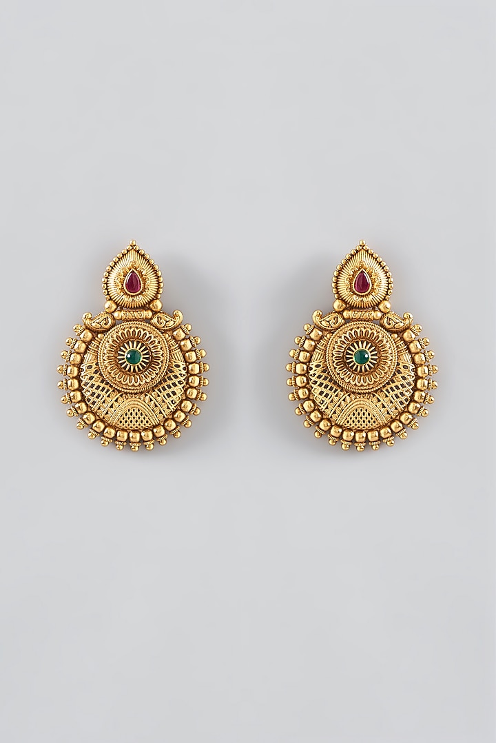 Gold Finish Kundan Polki Temple Dangler Earrings by VASTRAA Jewellery at Pernia's Pop Up Shop