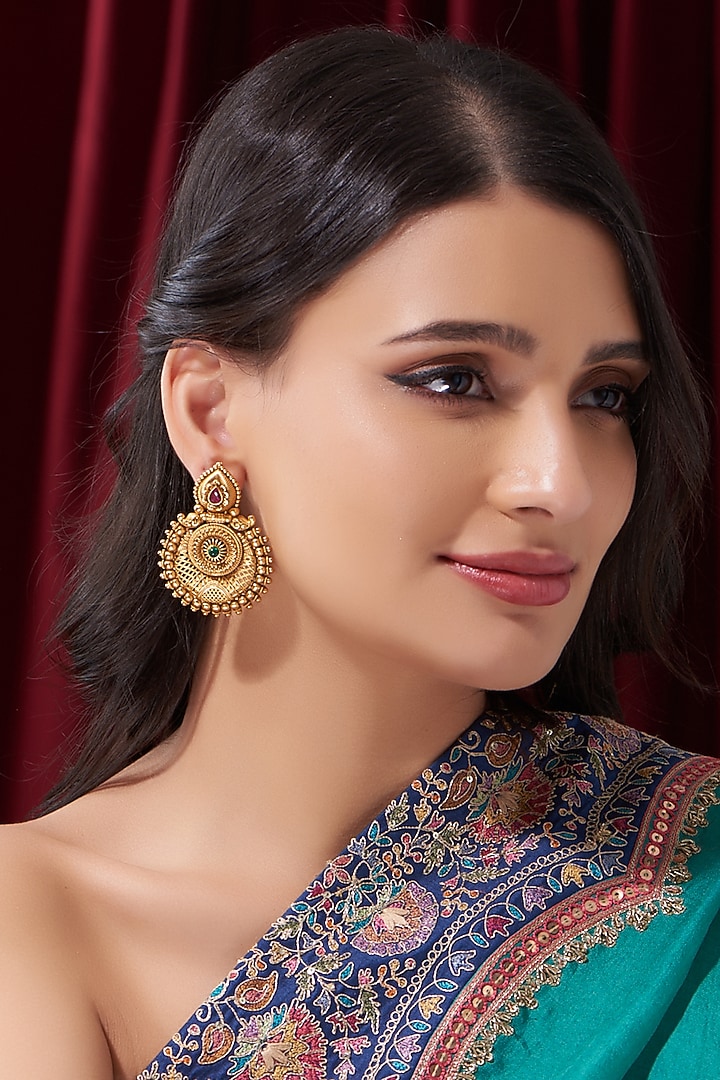 Gold Finish Kundan Polki Temple Dangler Earrings by VASTRAA Jewellery at Pernia's Pop Up Shop