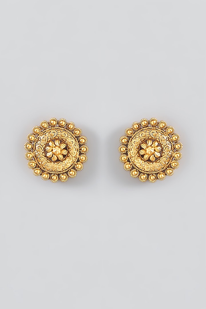 Gold Finish Kundan Polki Temple Stud Earrings by VASTRAA Jewellery at Pernia's Pop Up Shop